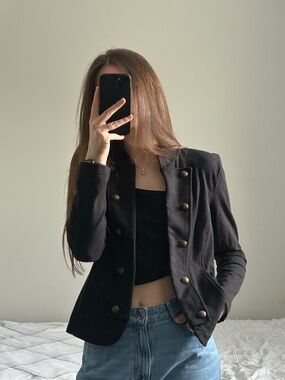 Tommy Hilfiger Black Military Jacket Gold Buttons Women’s Size M Fitted Stretch